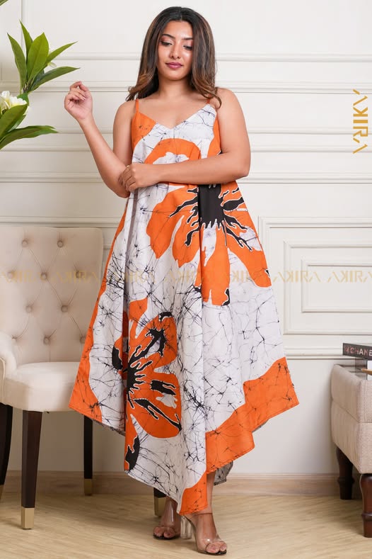 Orange in floral batik dress
