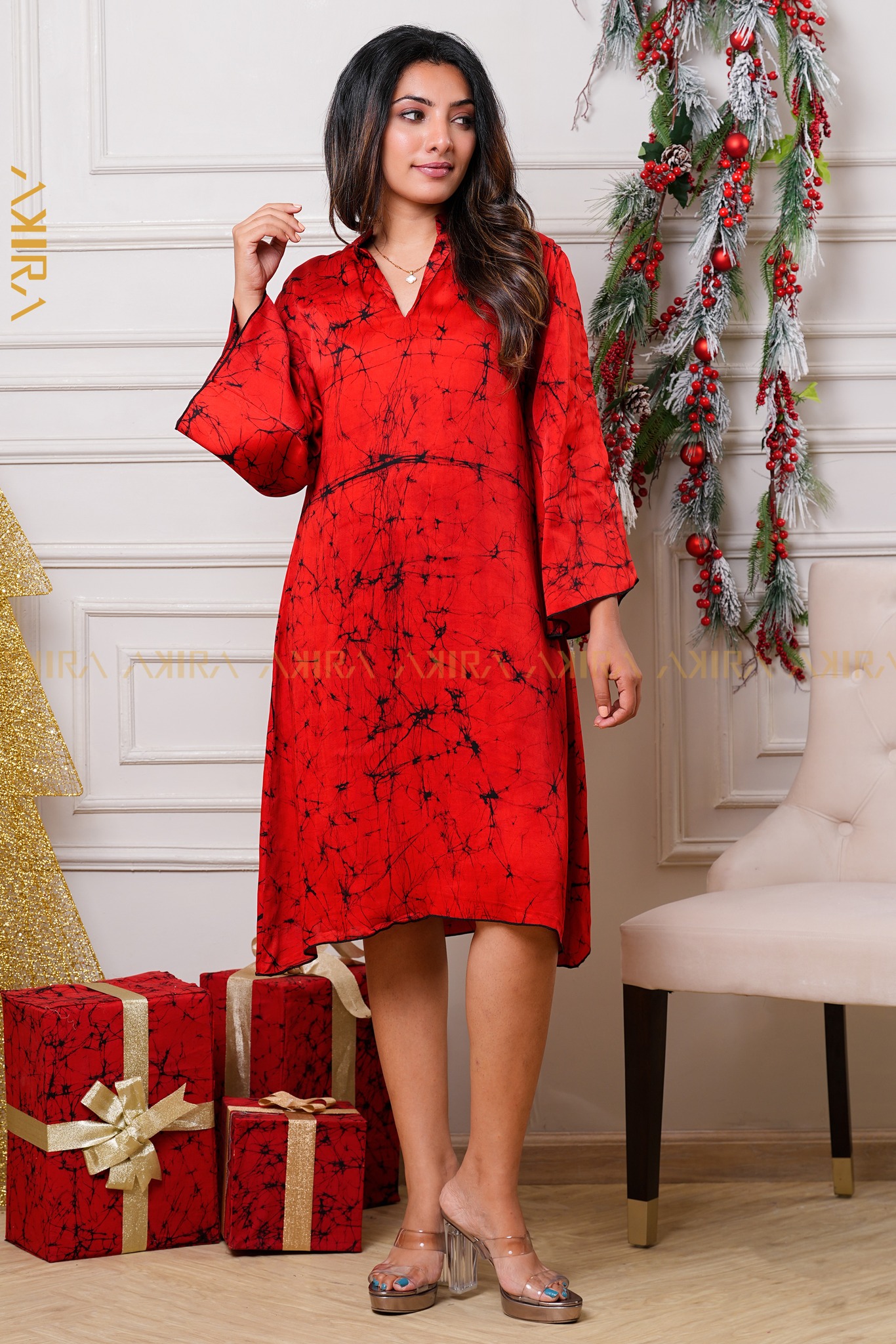Red Dahila Veil Silk Dress